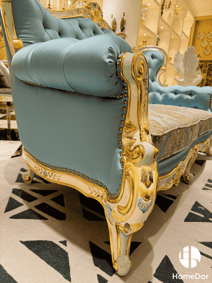 HomeDor × FH&Home | Floral Collection Corolla Carved Mahogany Silky Blue Sofa1