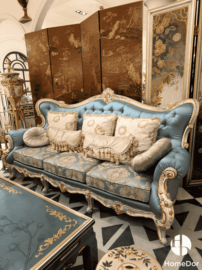 HomeDor × FH&Home | Floral Collection Corolla Carved Mahogany Silky Blue Sofa6