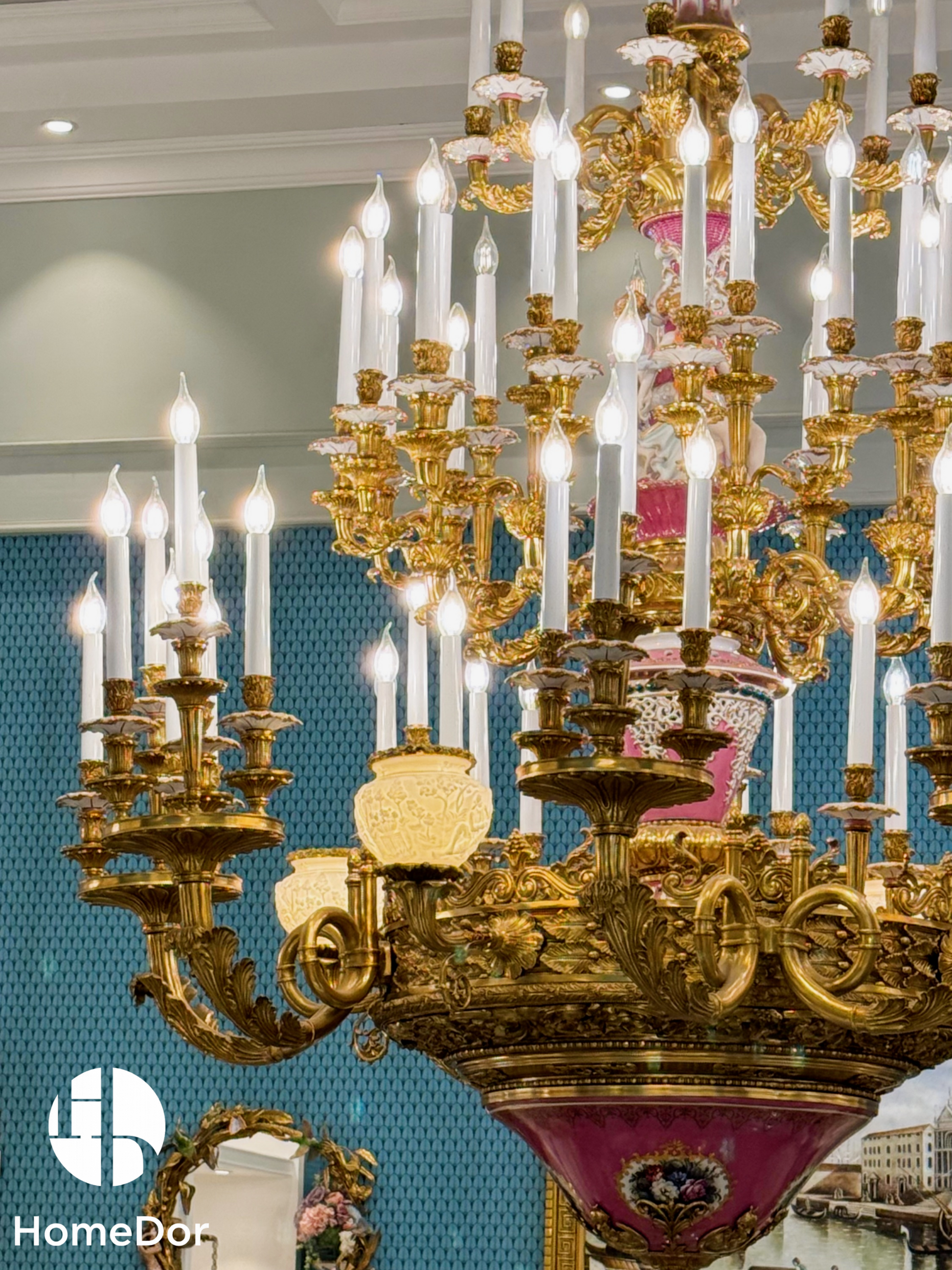 HomeDor × FH&Home | Grand Brass Chandelier with Rose-Pink Porcelain Floral Accents2