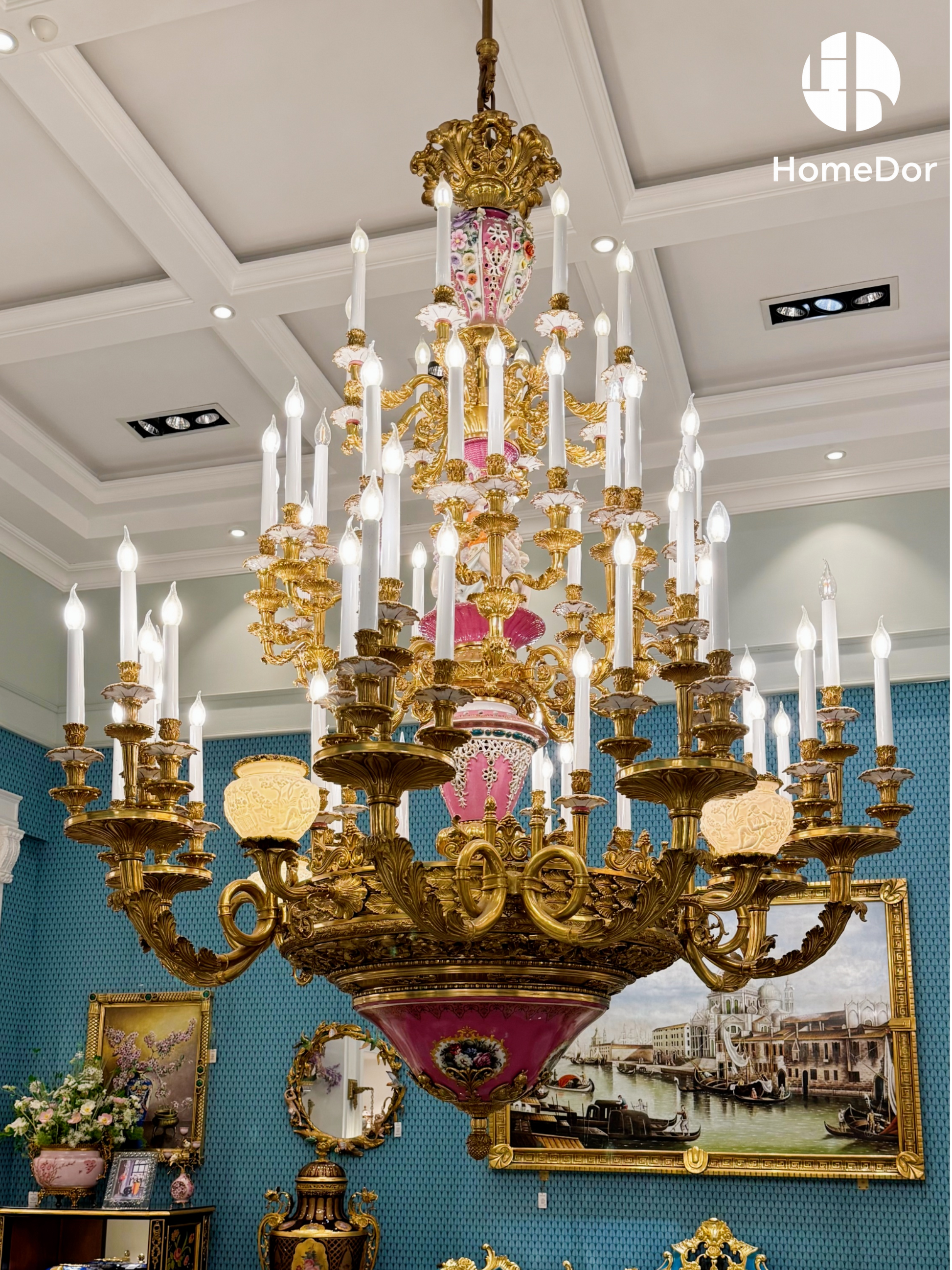 HomeDor × FH&Home | Grand Brass Chandelier with Rose-Pink Porcelain Floral Accents1
