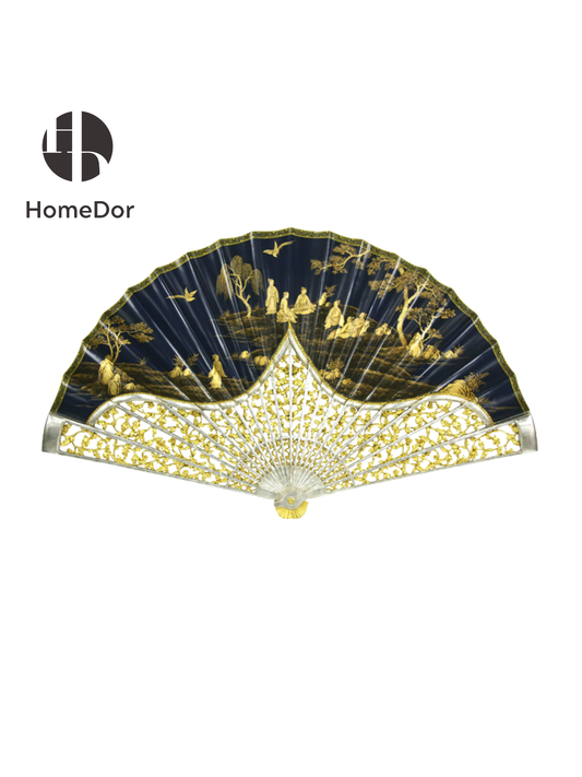 HomeDor × FH&Home | Grand Royal Blue Chinese Figure Scenery Gold Painted Fan Wall Art