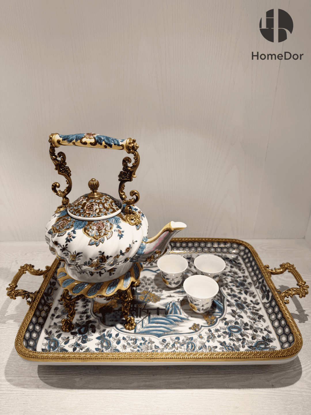 HomeDor × FH&Home |  Hand-Painted Floral Bird Ceramic Tea Set with Brass Accents