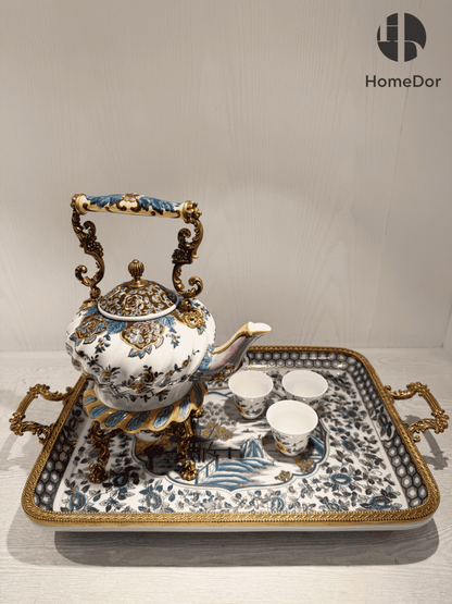 HomeDor × FH&Home |  Hand-Painted Floral Bird Ceramic Tea Set with Brass Accents