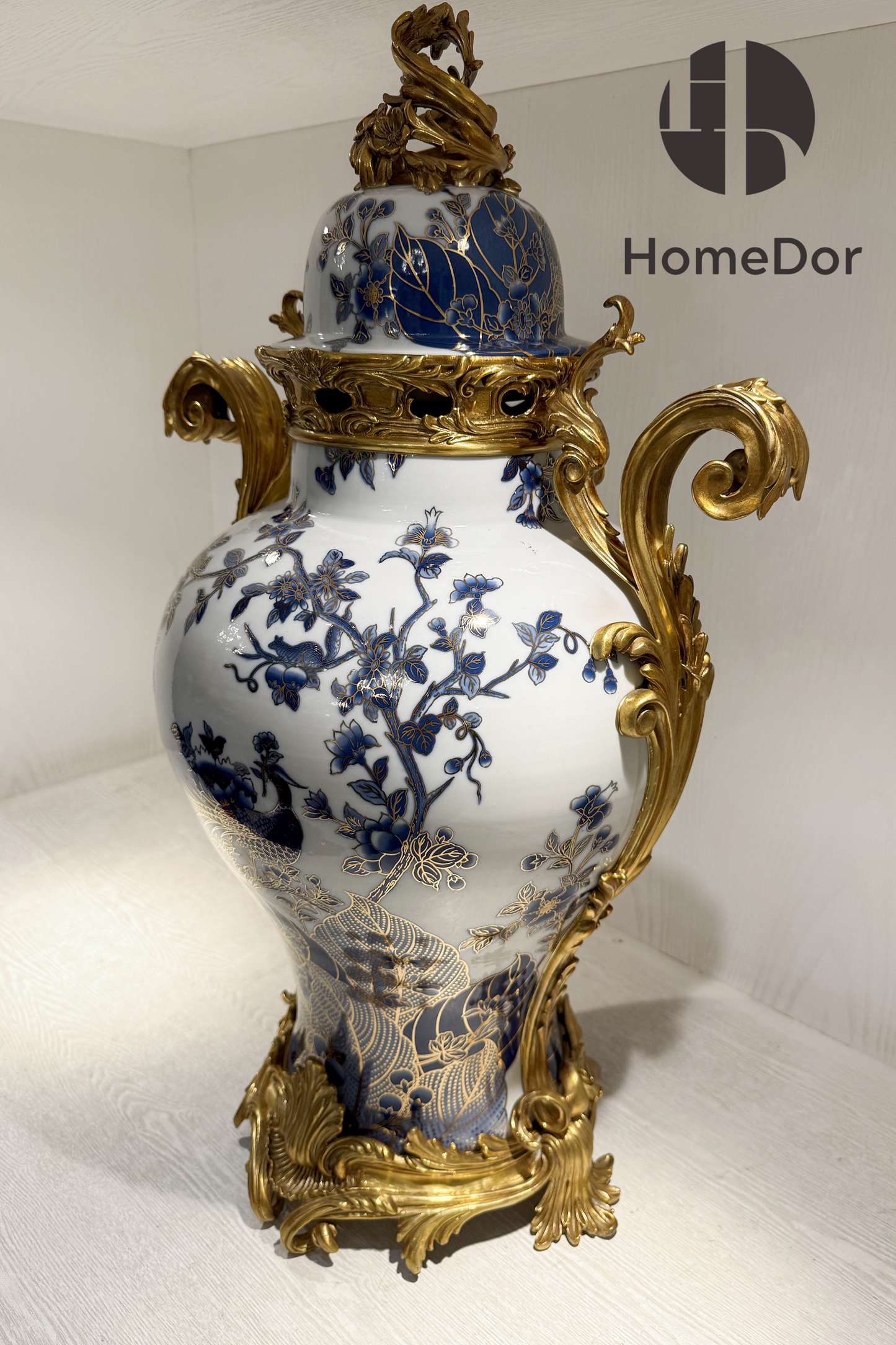 HomeDor-HomeDor × FH&Home | Baroque Porcelain Vase with Gold Carvings-Vases & Vessels-L36cm × W30cm × H68cm-