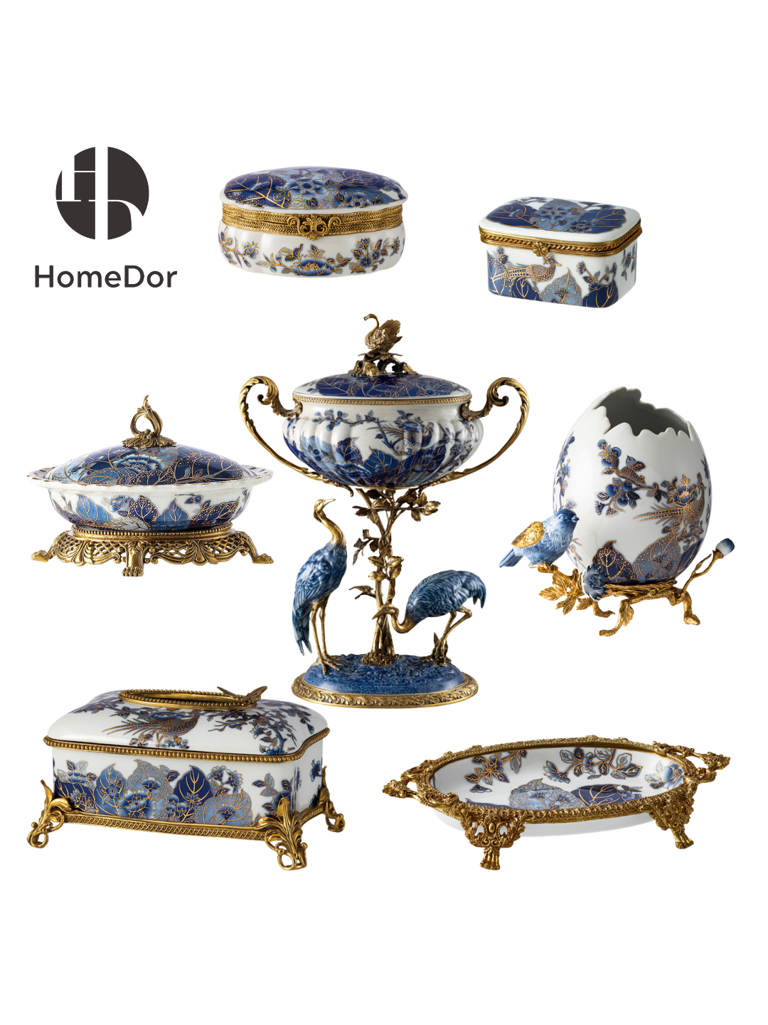 This Luxe Baroque Floral & Bird Hand-Painted Porcelain Decor Set embodies opulent vintage elegance