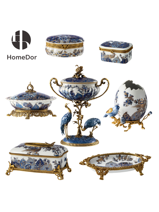 This Luxe Baroque Floral & Bird Hand-Painted Porcelain Decor Set embodies opulent vintage elegance