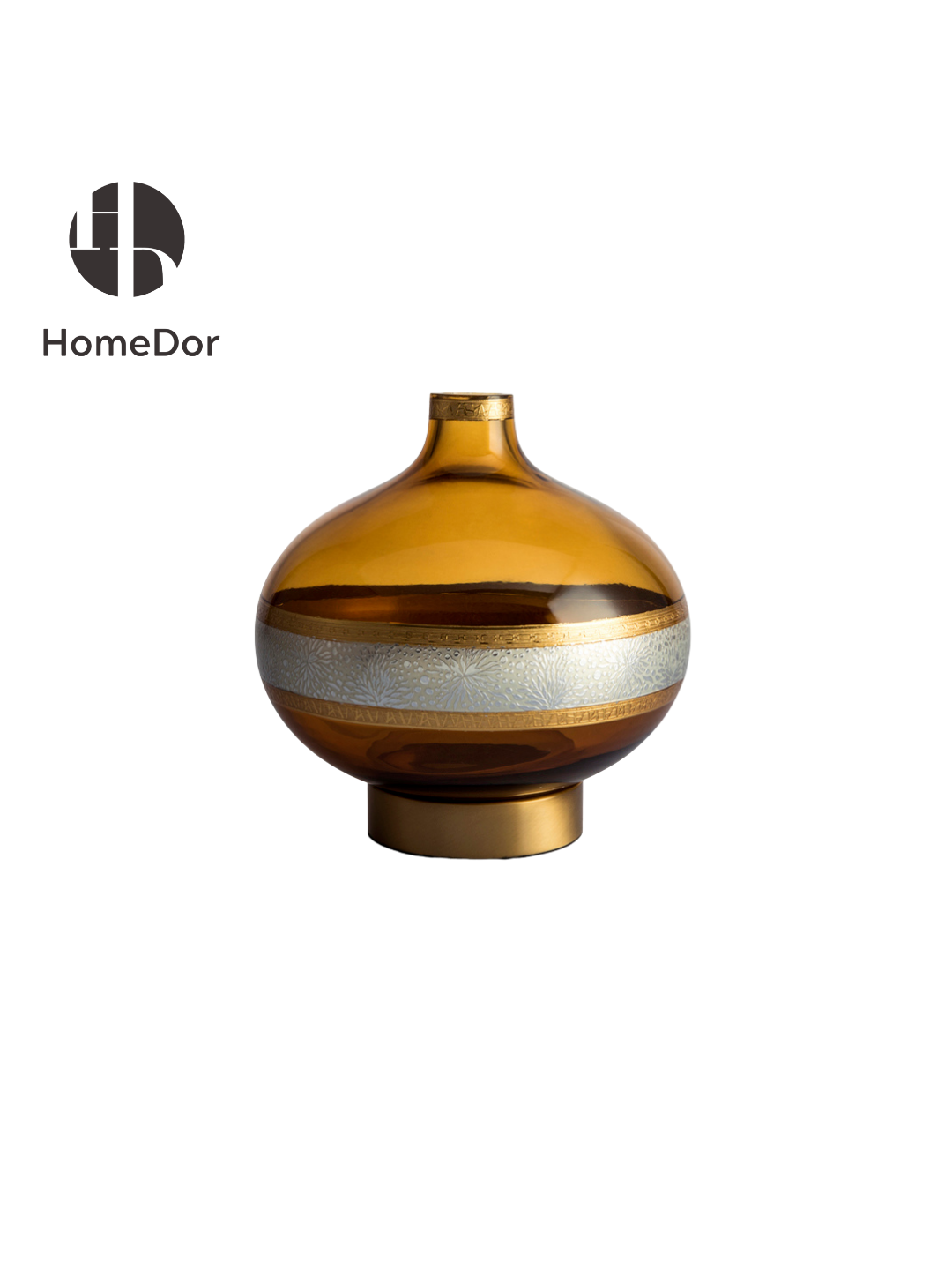  Luxury Amber Glass & Brass Decorative Vase 