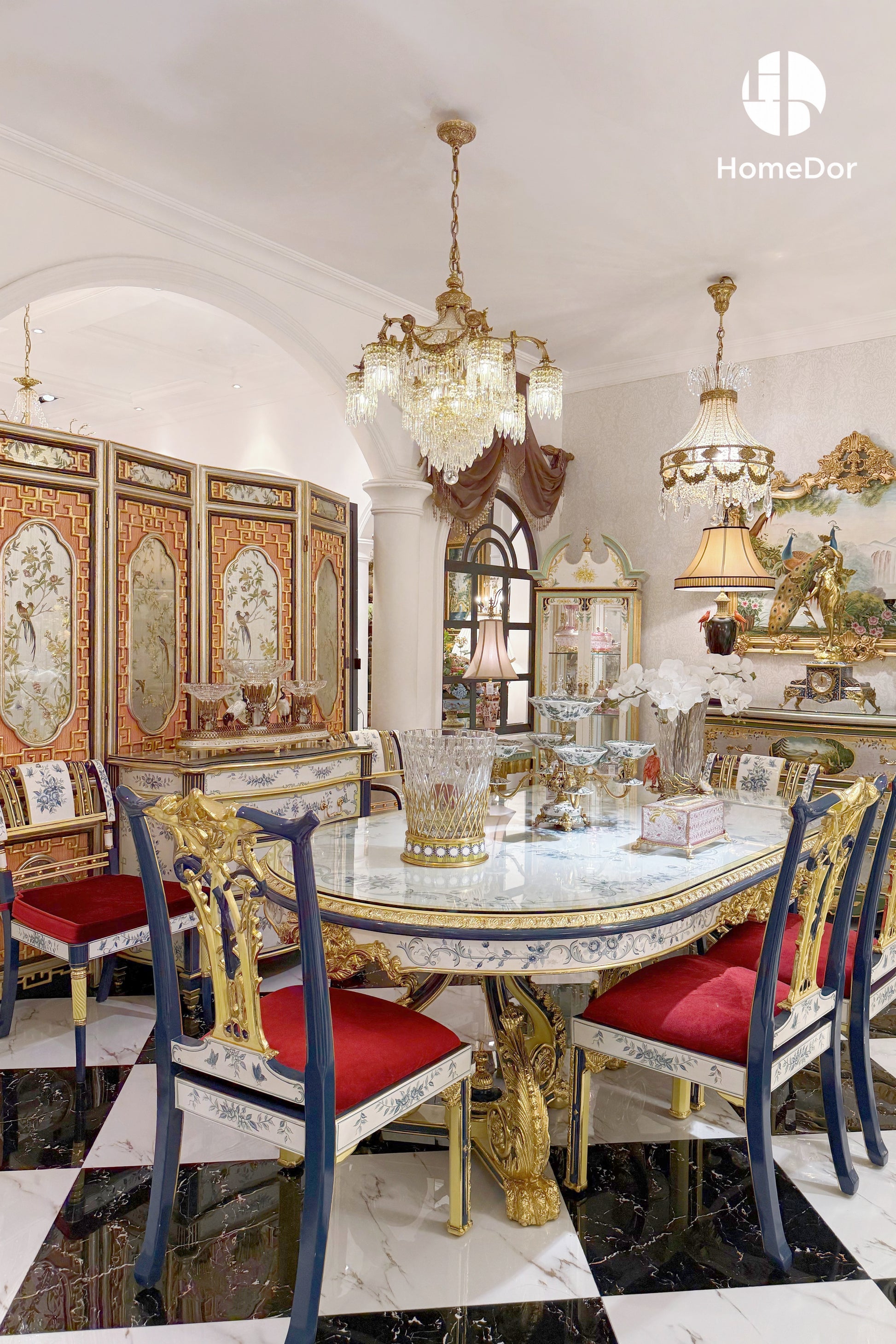 HomeDor × FH&Home | Luxury Dining Table with Blue and White Floral Motifs & Gold Embellishments1