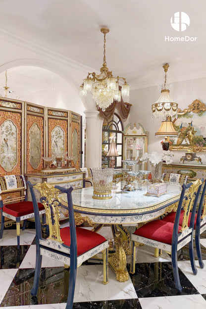 HomeDor × FH&Home | Luxury Dining Table with Blue and White Floral Motifs & Gold Embellishments1