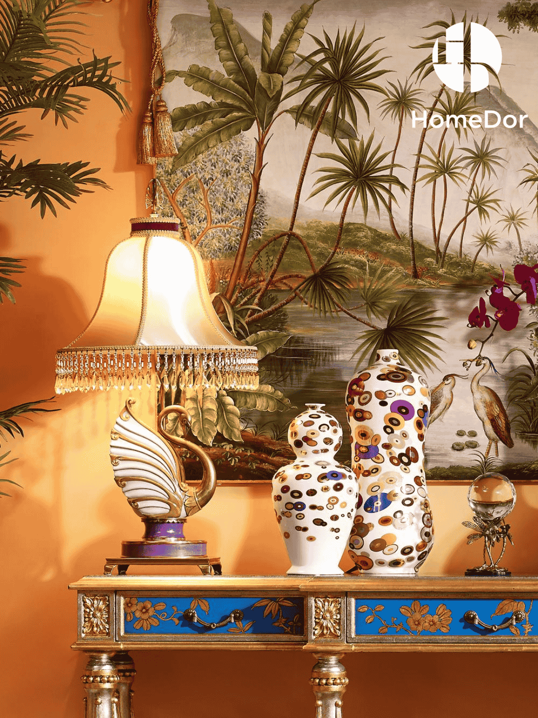 HomeDor × FH&Home | Luxury Porcelain Gold and Purple Swan Table Lamps with Tassel Trimmed Shade & Brass Details4