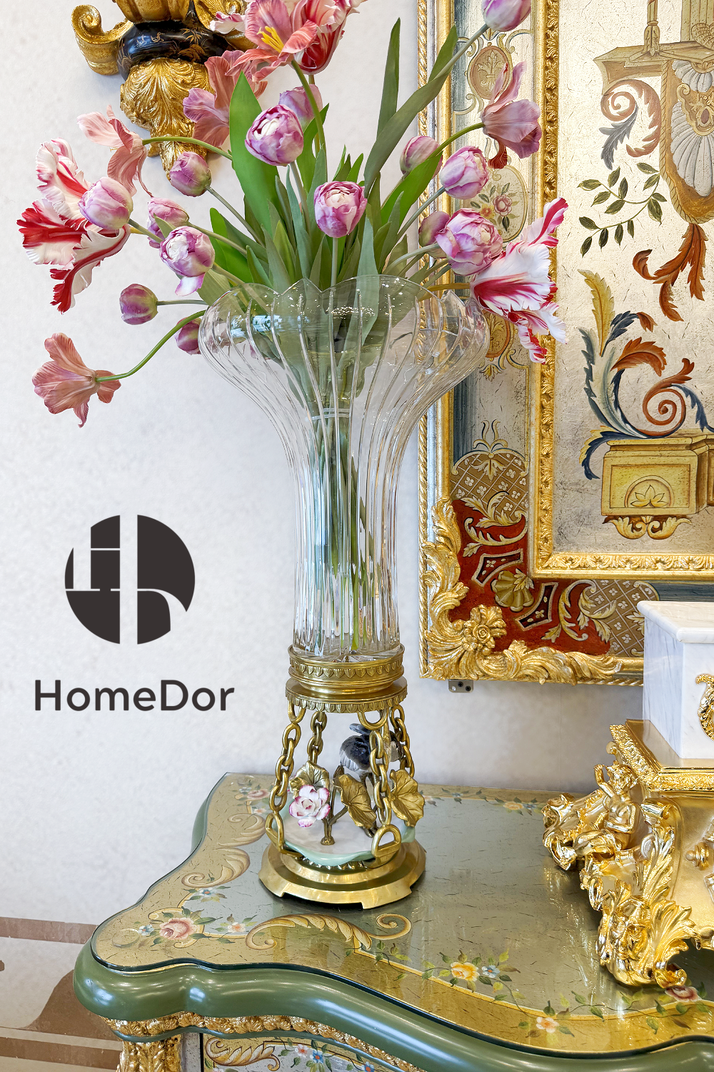 HomeDor × FH&Home | Prague Collection Ornate Crystal Fluted Vase with Brass Bird and Vine Base