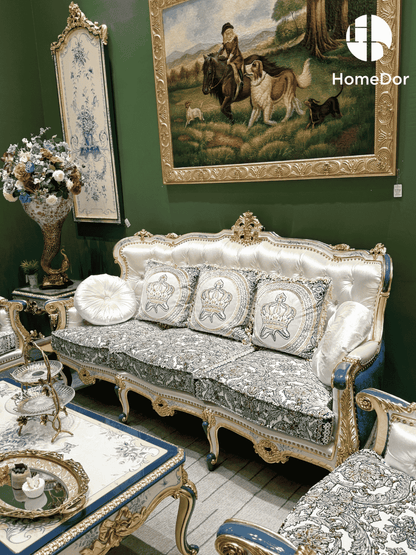 HomeDor × FH&Home | Royal Blue and Gold Carved Mahogany Sofa with Crown Embroidered Cushions
