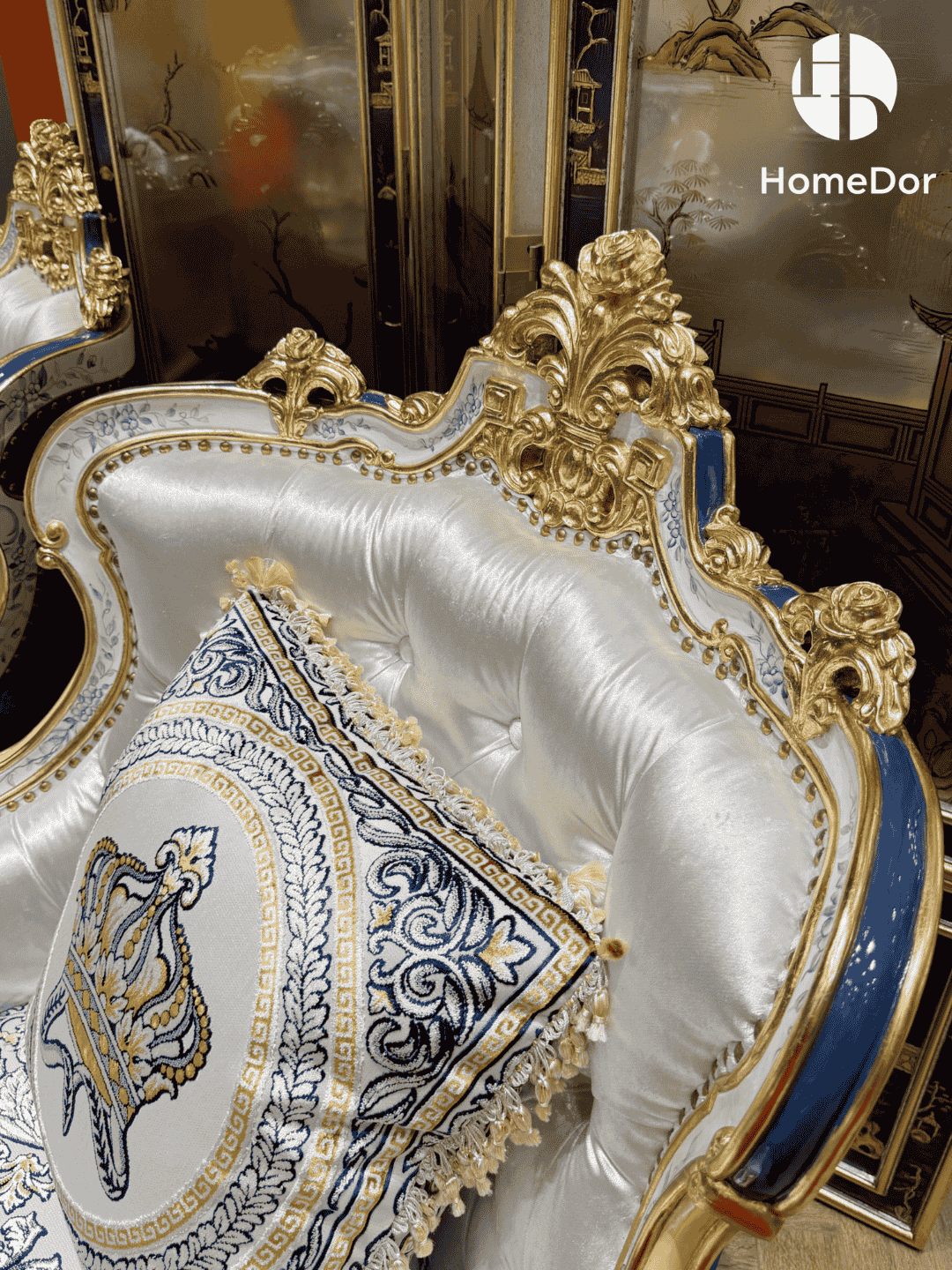 HomeDor × FH&Home | Royal Blue and Gold Carved Mahogany Sofa with Crown Embroidered Cushions1