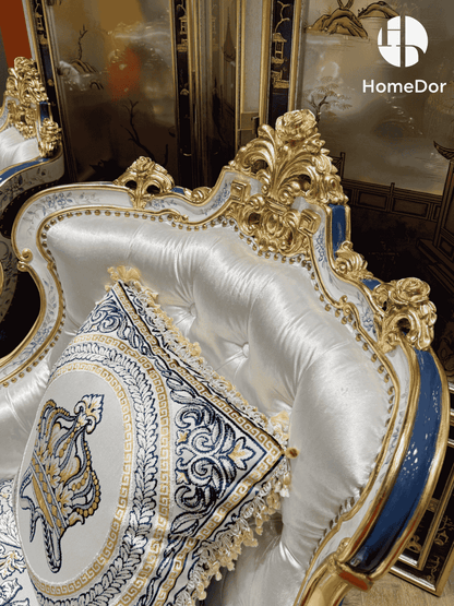 HomeDor × FH&Home | Royal Blue and Gold Carved Mahogany Sofa with Crown Embroidered Cushions1
