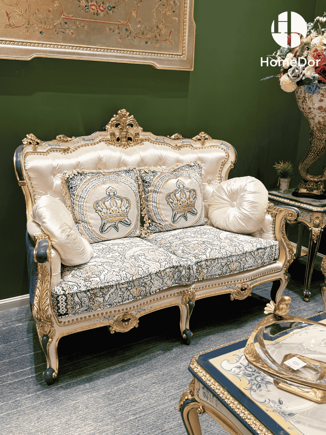 HomeDor × FH&Home | Royal Blue and Gold Carved Mahogany Sofa with Crown Embroidered Cushions2