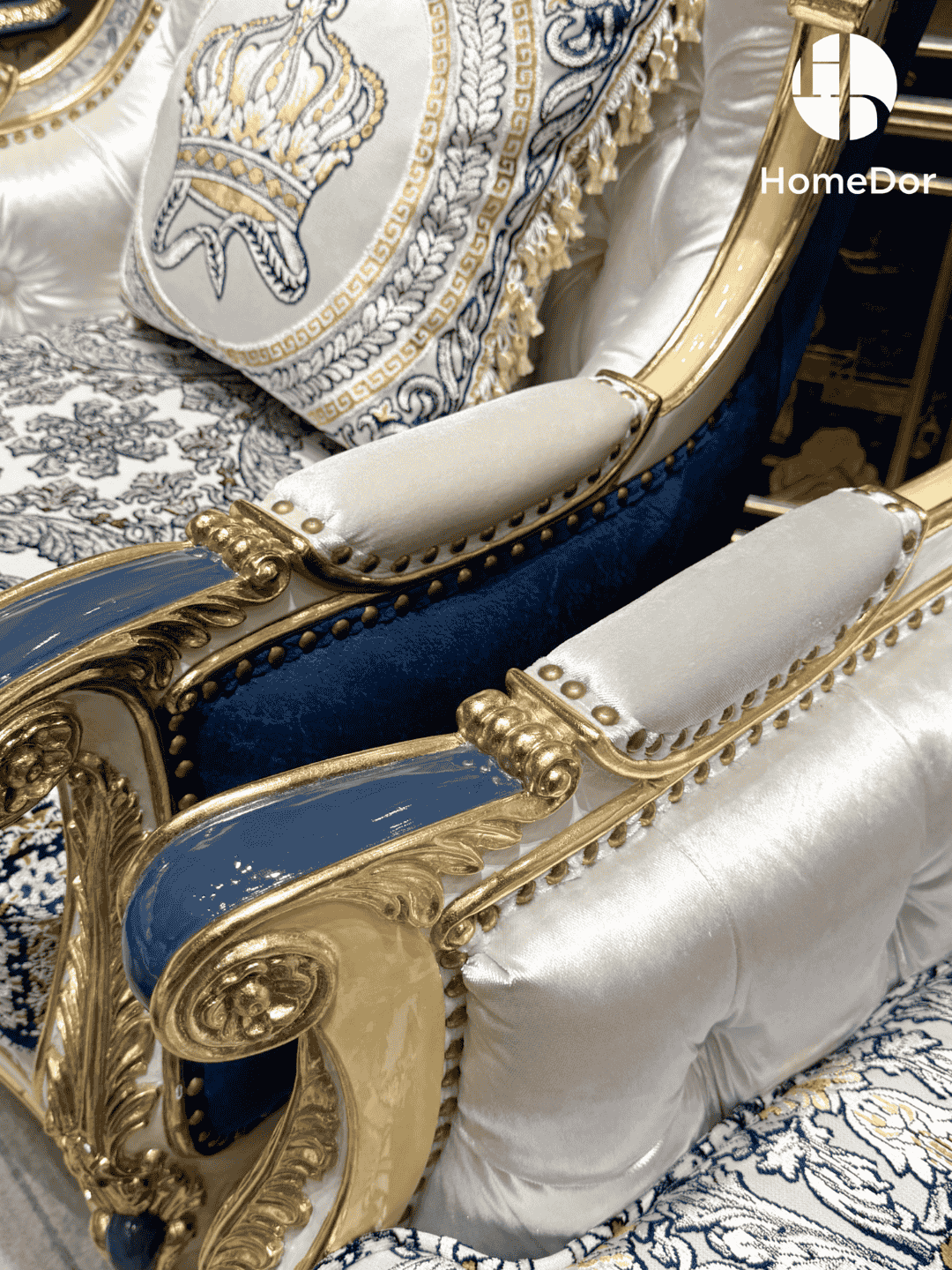 HomeDor × FH&Home | Royal Blue and Gold Carved Mahogany Sofa with Crown Embroidered Cushions4