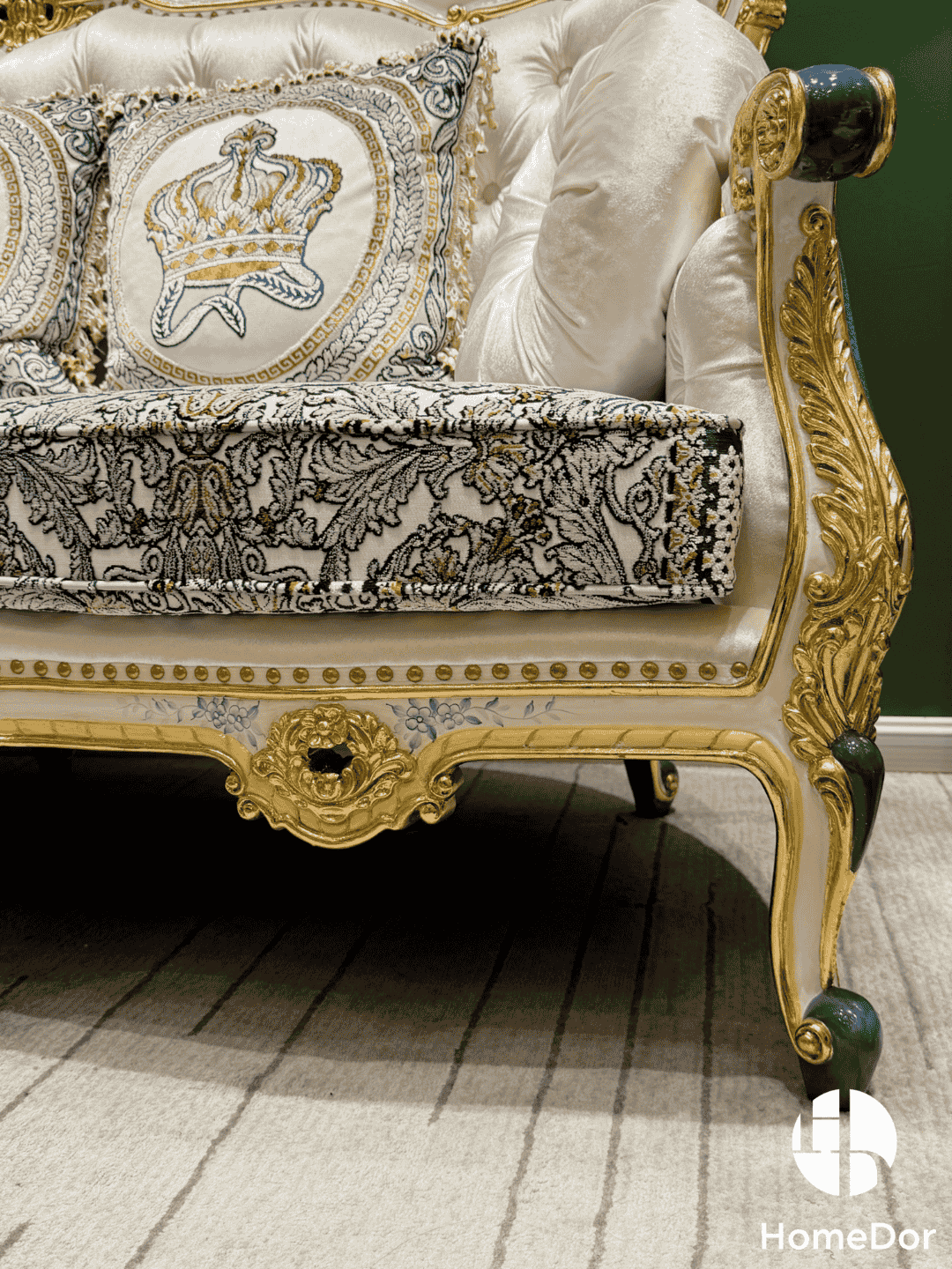 HomeDor × FH&Home | Royal Blue and Gold Carved Mahogany Sofa with Crown Embroidered Cushions5