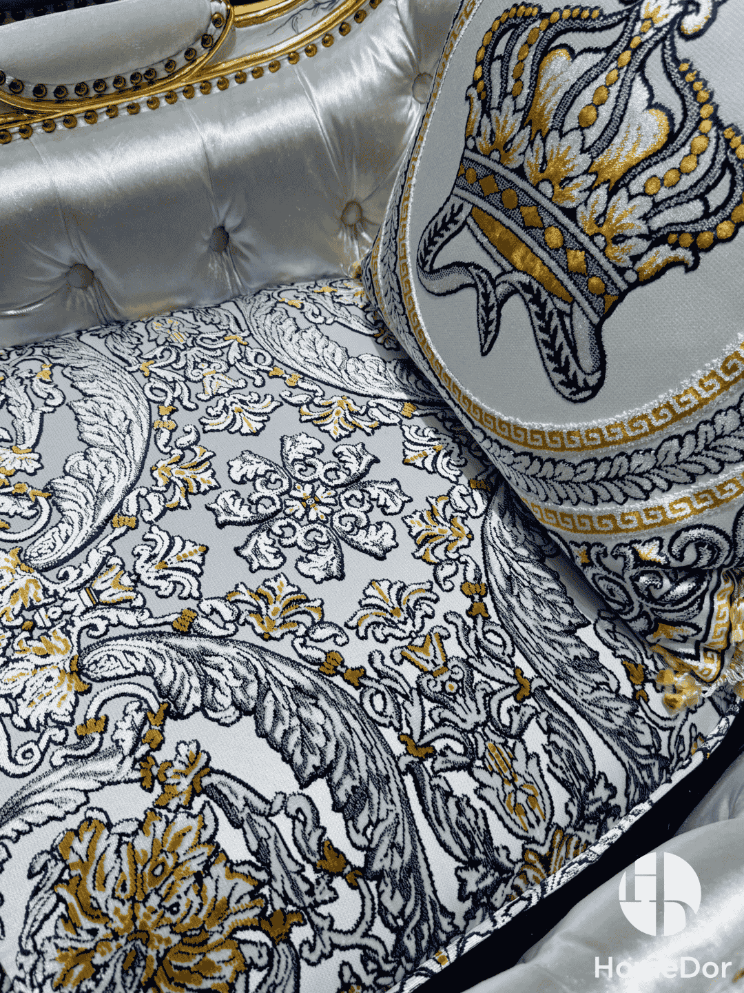 HomeDor × FH&Home | Royal Blue and Gold Carved Mahogany Sofa with Crown Embroidered Cushions6