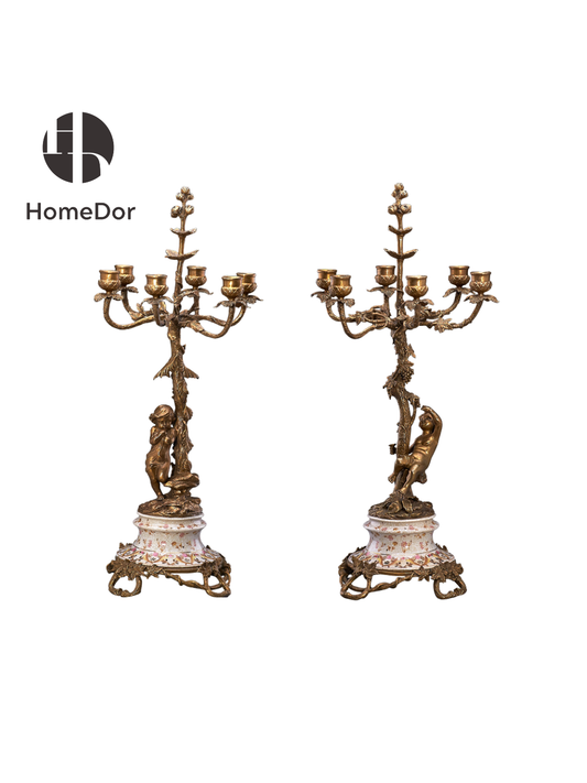 HomeDor × FH&Home | Vintage Rococo-Style Brass Cherub Tree Branch Candelabra Pair