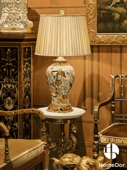 HomeDor × FH&Home | Vintage Style Porcelain Table Lamp with Avian Motifs and Golden Accents1