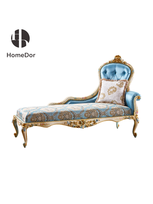 HomeDor Floral Collection Victorian Style Silky Blue Chaise Longue