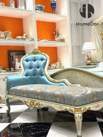 HomeDor Floral Collection Victorian Style Silky Blue Chaise Longue
