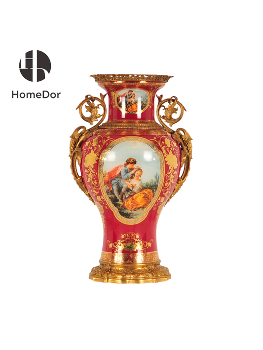 HomeDor Imperial Red Baroque Copper-Mounted Porcelain Vase