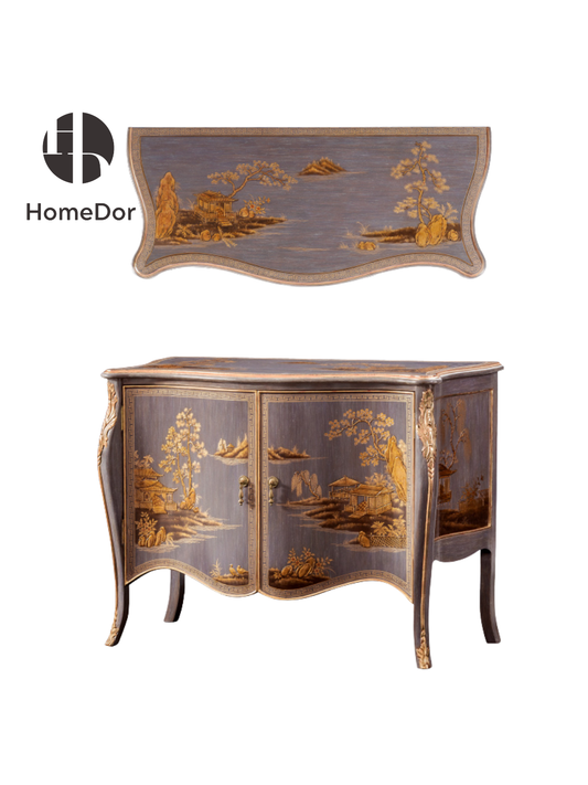 HomeDor Lavender & Gold Legacy Series Chinese Landscape Gilded Console Cabinet
