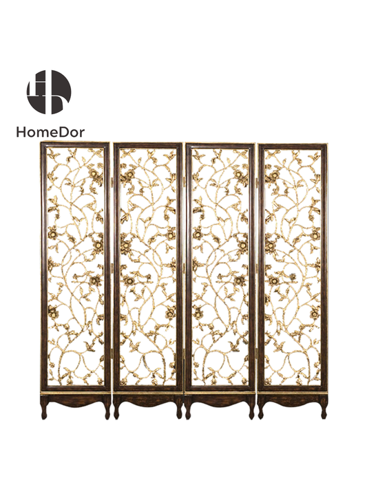 HomeDor Luxe Gilded Vine Cutout Carving 4-Panel Room Divider