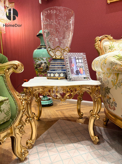 HomeDor Luxe Rococo Scrollwork White Marble Coffee & Side Table Set