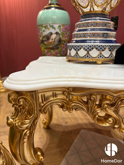 HomeDor Luxe Rococo Scrollwork White Marble Coffee & Side Table Set