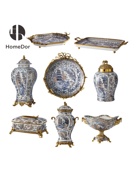 HomeDor Luxury Chinoiserie Pavilion Vista Porcelain Decor Set