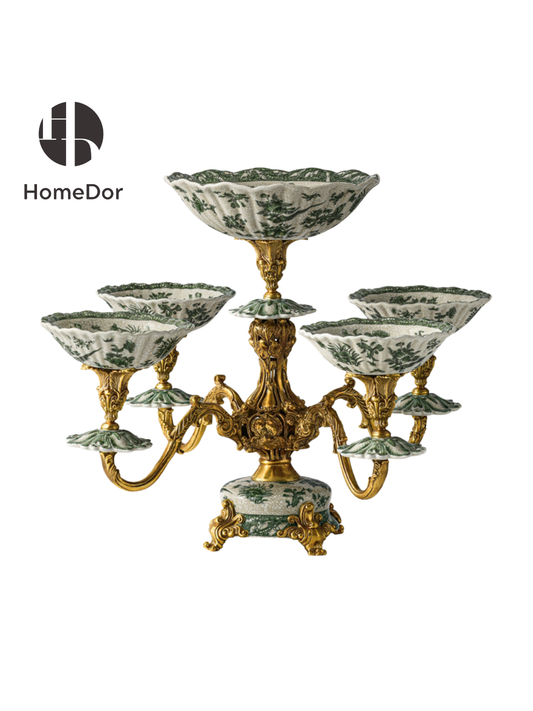 HomeDor Luxury Green & Blue Botanical Porcelain Multi-Tier Snack Stand