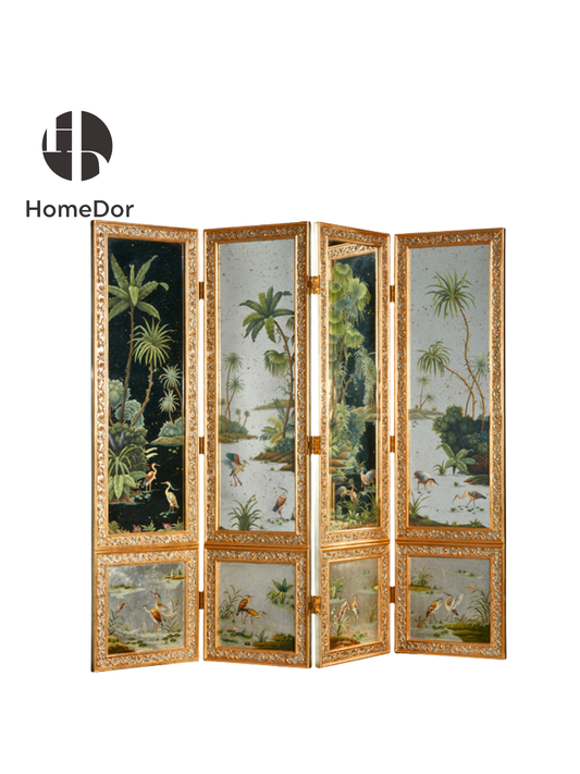 HomeDor Luxury Silver Foil Tropical Landscape 4-Panel Room Divider