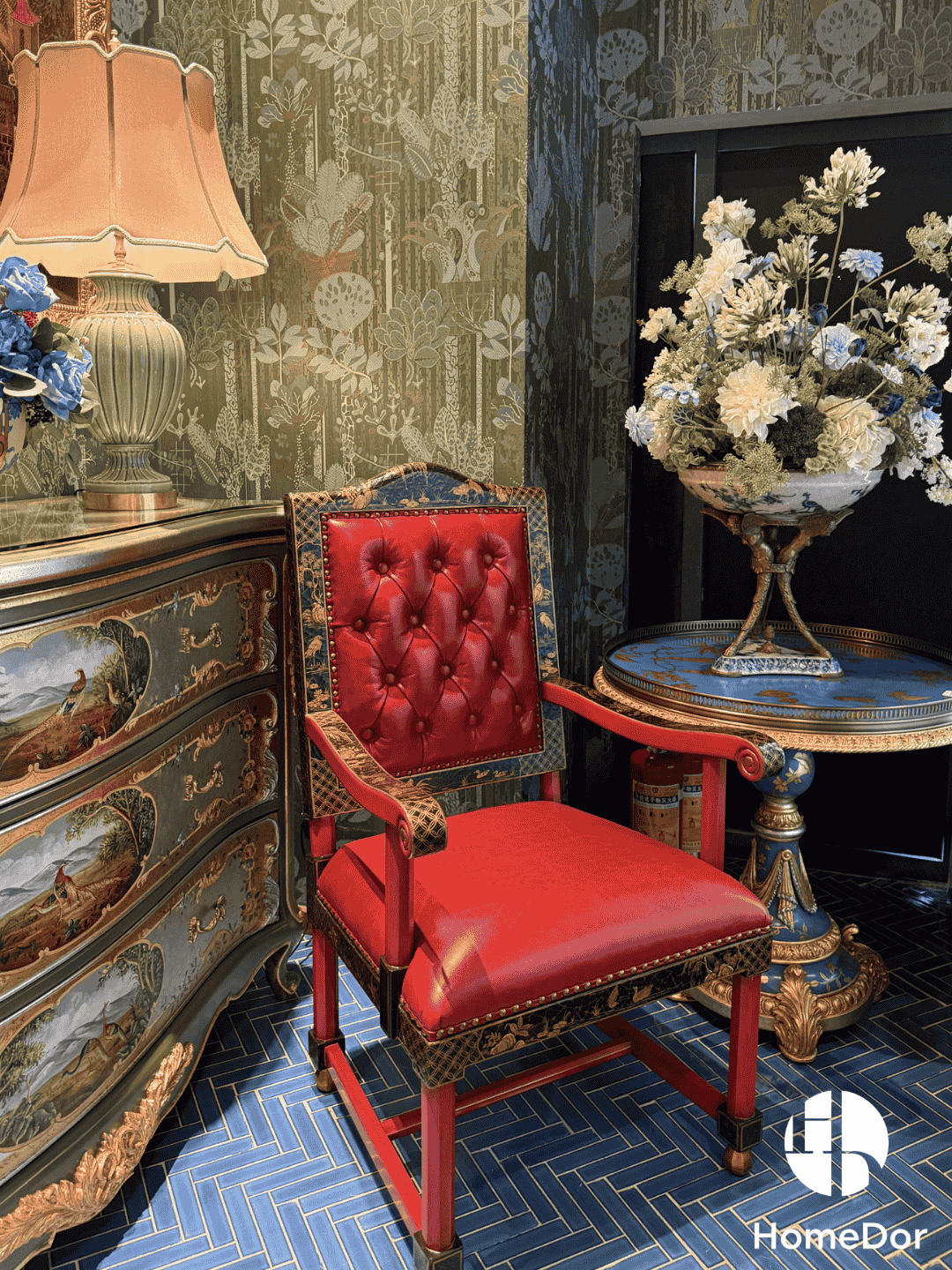 A Renaissance Revival palace-style armchair featuring deep tufted red leather upholstery, ornate black-and-gold framing, and a commanding architectural silhouette. Perfect as an accent chair for a formal living room, library, executive office, or boutique lounge, this piece instantly elevates the space with royal character. Whether styled as a throne-like centerpiece or paired with other classic furnishings, it embodies heritage, luxury, and commanding presence.