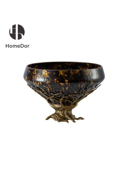 HomeDor Luxury Tortoiseshell Centerpiece Bowl with Gilded Root Base