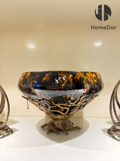HomeDor Luxury Tortoiseshell Centerpiece Bowl with Gilded Root Base