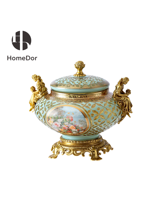 HomeDor Mint Green Baroque Copper-Cast Glass Engraved Table Decor