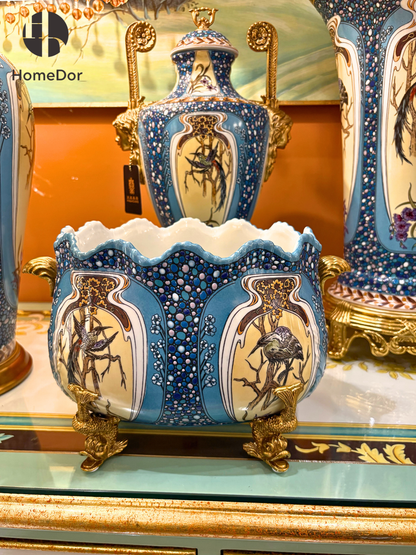 HomeDor Opulent Azure Palace Blue Avian Floral Decor Set
