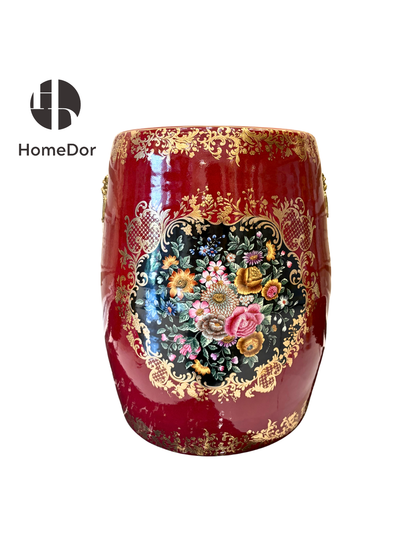 Taburete de tambor de porcelana roja con ramo floral opulento HomeDor