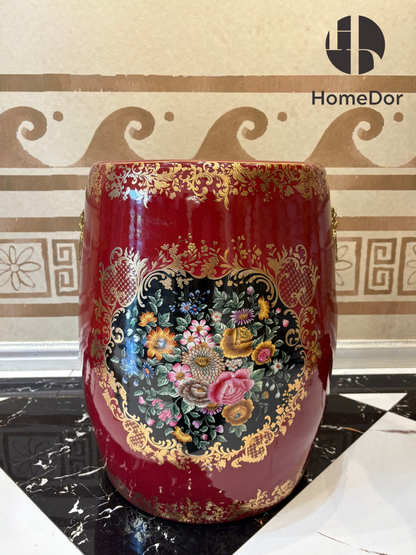 Taburete de tambor de porcelana roja con ramo floral opulento HomeDor