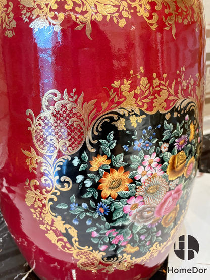 Taburete de tambor de porcelana roja con ramo floral opulento HomeDor