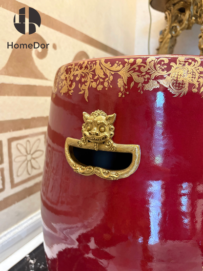 Taburete de tambor de porcelana roja con ramo floral opulento HomeDor