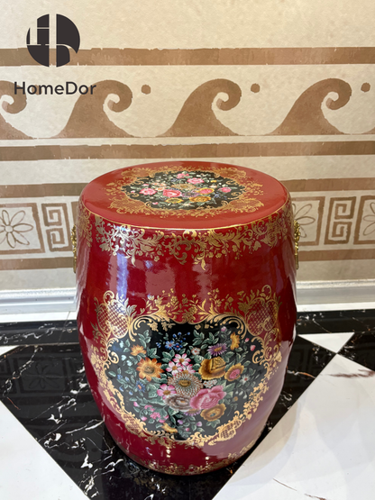 Taburete de tambor de porcelana roja con ramo floral opulento HomeDor