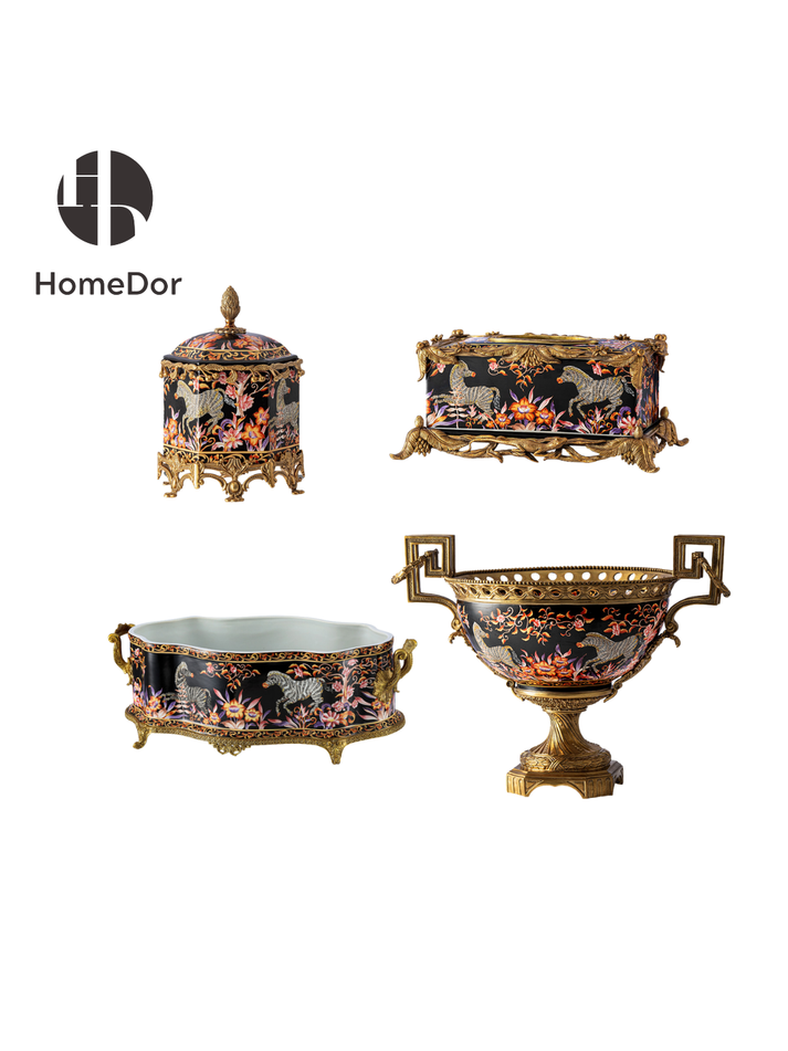 HomeDor Opulent Luxe Black & Gilded Zebra Floral Decor Set