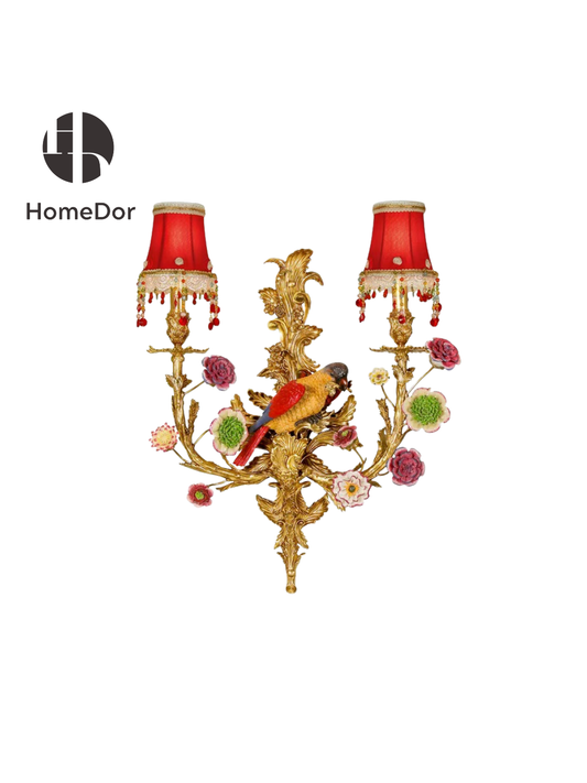 HomeDor Opulent Porcelain Parrot Floral Gilded Red Wall Lamp