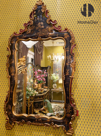 HomeDor Opulent Rococo Obsidian Hand-Carved Decorative Mirror