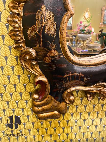 HomeDor Opulent Rococo Obsidian Hand-Carved Decorative Mirror