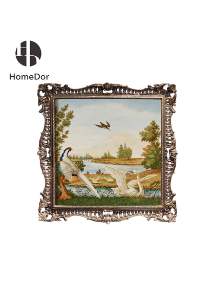 Decoración de pared con paisaje en relieve de pájaro y marco antiguo adornado HomeDor