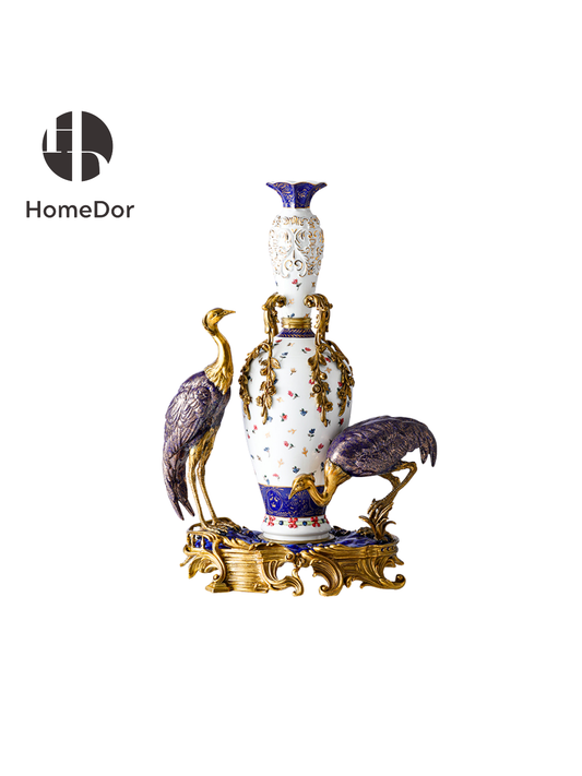 HomeDor Ornate Embossed Floral Treasure Vase with Twin Cranes